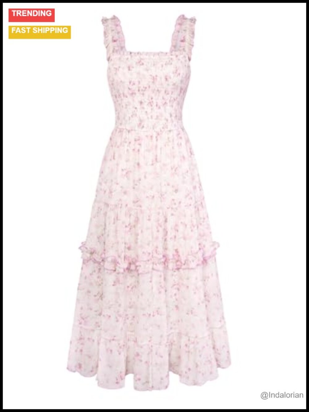 Floral Sundress for Women A-Line Smocked Tiered Ruffles Sleeveless Square Neck